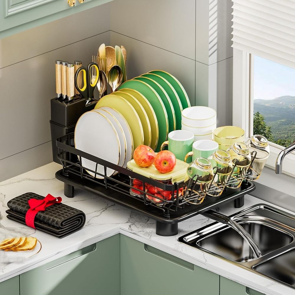 Dish Drying Rack for Kitchen Counter – Drainboard with 4 Slots Knife, Fork & Cup Holder Organizers, Rotating Swivel Spout, Durable Coated, Attractive Black