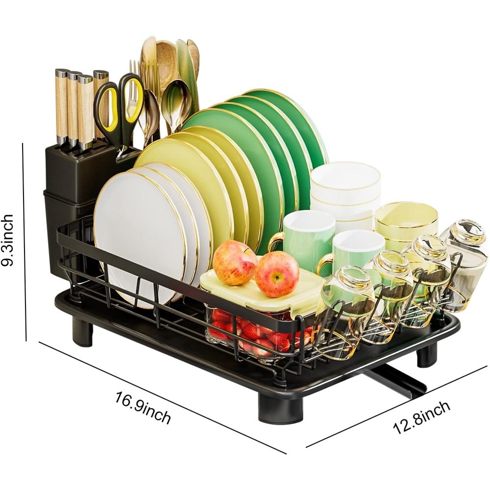 Dish Drying Rack for Kitchen Counter – Drainboard with 4 Slots Knife, Fork & Cup Holder Organizers, Rotating Swivel Spout, Durable Coated, Attractive Black
