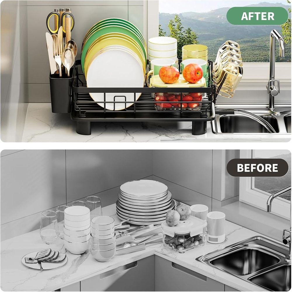 Dish Drying Rack for Kitchen Counter – Drainboard with 4 Slots Knife, Fork & Cup Holder Organizers, Rotating Swivel Spout, Durable Coated, Attractive Black