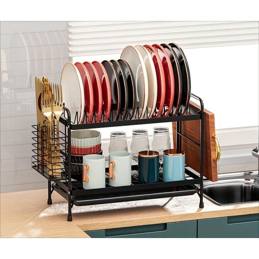 Iron Frame Dish Drainer Organizer,2-Tier Metal Dish Drying Rack with Utensil Holder, Cup Holder, and Drain Tray for Kitchen Counter,Large Capacity Dish Storage Shelf,Black