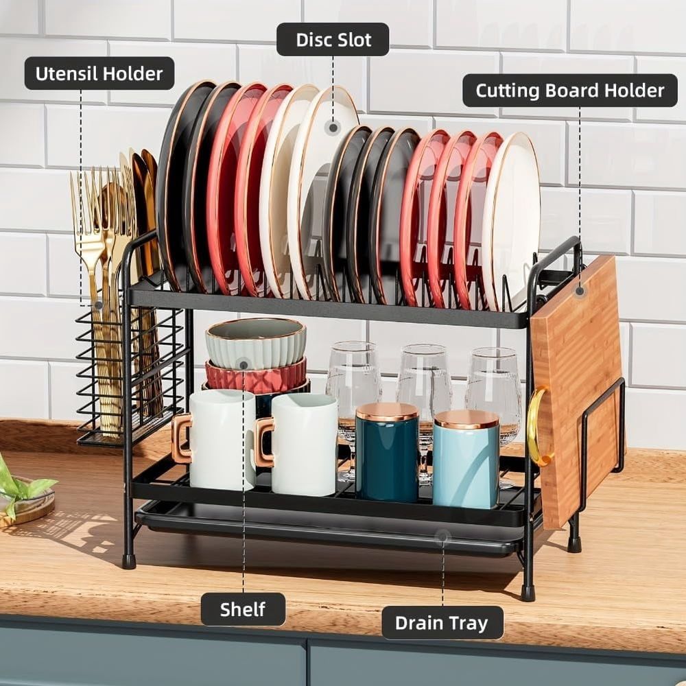 Iron Frame Dish Drainer Organizer,2-Tier Metal Dish Drying Rack with Utensil Holder, Cup Holder, and Drain Tray for Kitchen Counter,Large Capacity Dish Storage Shelf,Black