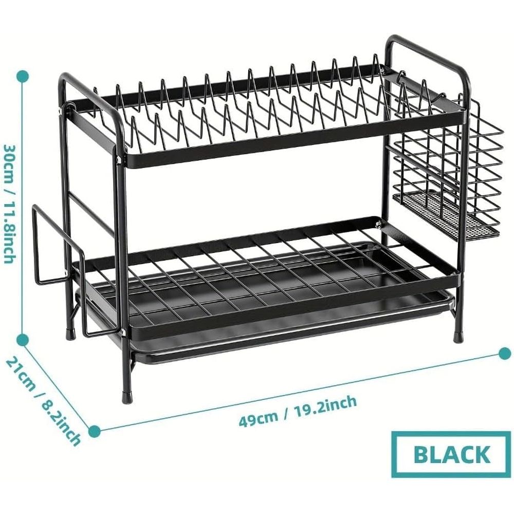Iron Frame Dish Drainer Organizer,2-Tier Metal Dish Drying Rack with Utensil Holder, Cup Holder, and Drain Tray for Kitchen Counter,Large Capacity Dish Storage Shelf,Black