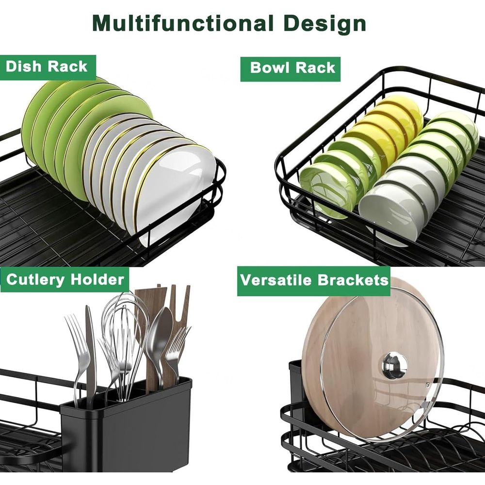 Dish Drying Rack,Large Dish Rack for Kitchen Counter,Dish Drainer with Removable Cutlery Holder Swivel Drainage Spout, Anti-Rust Dish Plate Rack