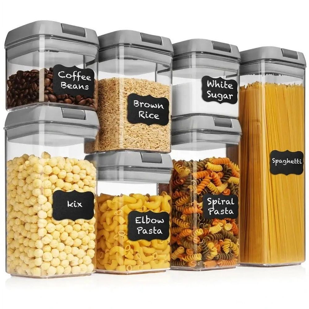 Set of 7 Airtight Food Storage Containers for Kitchen Storage - Clear Plastic - Durable Strong Lids - Labels and Chalk Marker