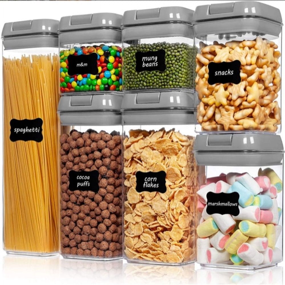 Airtight Food Storage Containers, 7 Pieces BPA Free Plastic Cereal Containers with Easy Lock Lids, for Kitchen Pantry Organization and Storage, Include 24 Labels, White