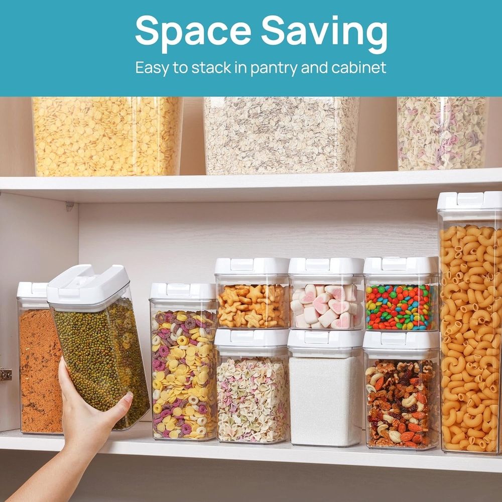 Airtight Food Storage Containers, 7 Pieces BPA Free Plastic Cereal Containers with Easy Lock Lids, for Kitchen Pantry Organization and Storage, Include 24 Labels, White