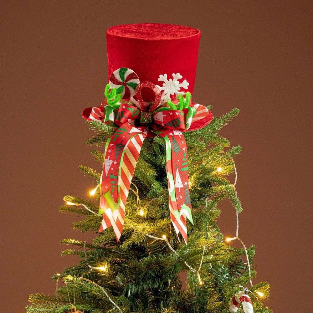 Christmas Tree Topper, Christmas Decorations Red Velvet Top Hat with Peppermint Bows and Lengthened Ribbon, Winter Holiday Tabletop Decorative Hat Xmas Tree Top Ornament for Party Wedding
