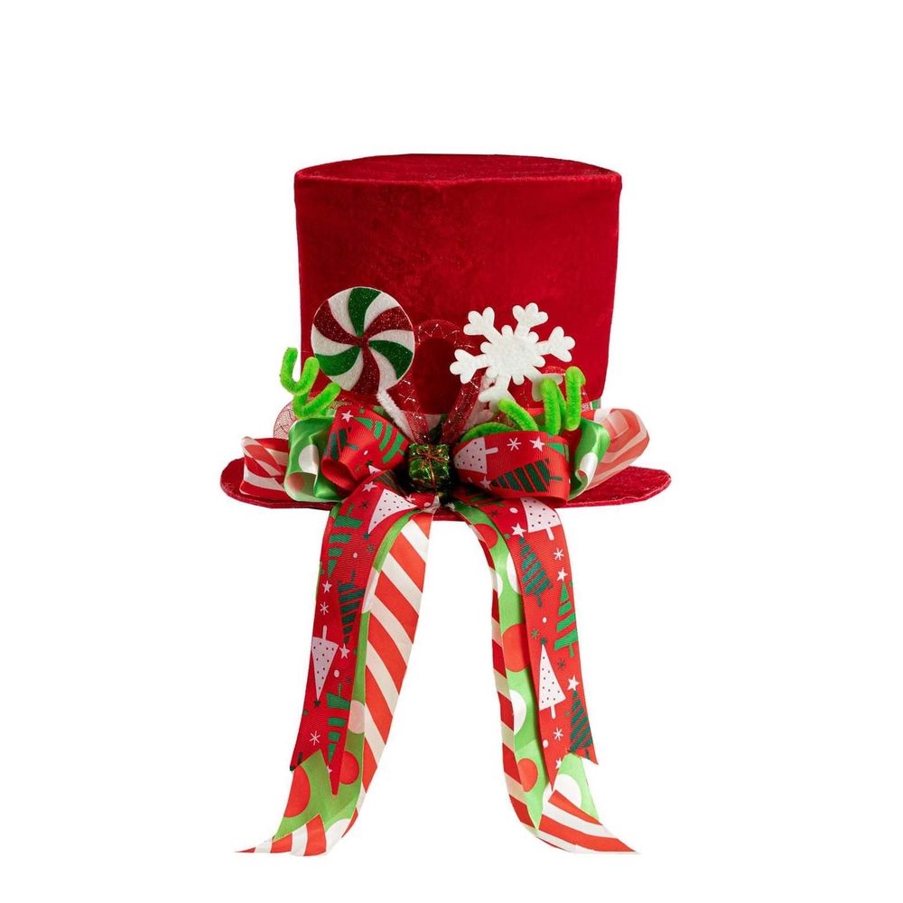 Christmas Tree Topper, Christmas Decorations Red Velvet Top Hat with Peppermint Bows and Lengthened Ribbon, Winter Holiday Tabletop Decorative Hat Xmas Tree Top Ornament for Party Wedding