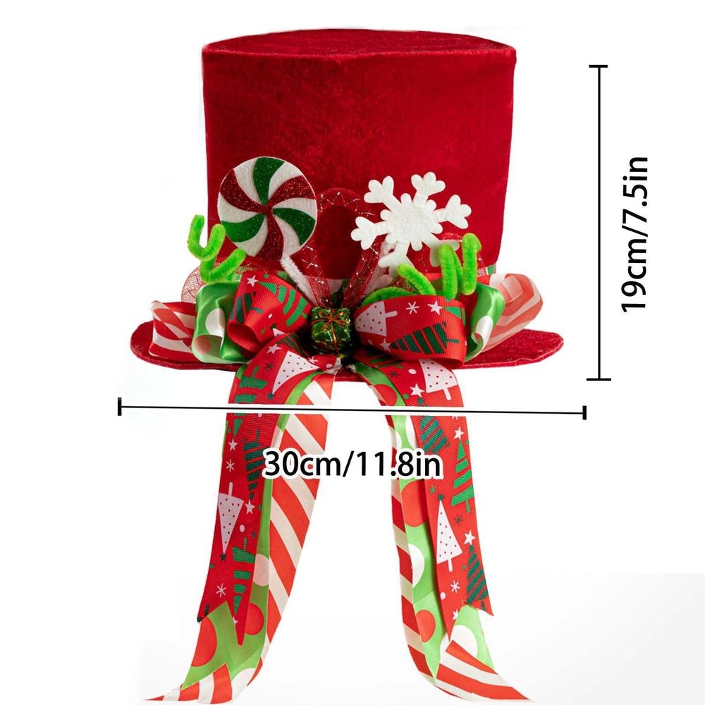 Christmas Tree Topper, Christmas Decorations Red Velvet Top Hat with Peppermint Bows and Lengthened Ribbon, Winter Holiday Tabletop Decorative Hat Xmas Tree Top Ornament for Party Wedding
