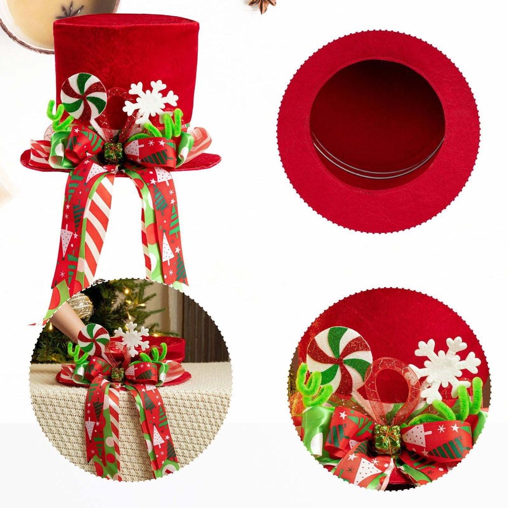 Christmas Tree Topper, Christmas Decorations Red Velvet Top Hat with Peppermint Bows and Lengthened Ribbon, Winter Holiday Tabletop Decorative Hat Xmas Tree Top Ornament for Party Wedding