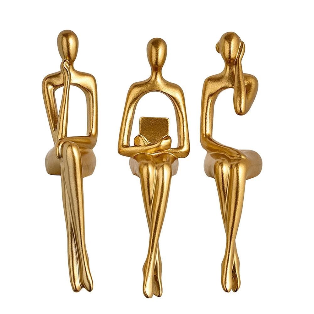 3PCS Gold Thinker Statue Book Shelf Decor, Minimalist Modern Decor Collectable Abstract Ornament Offi Statue Figurines