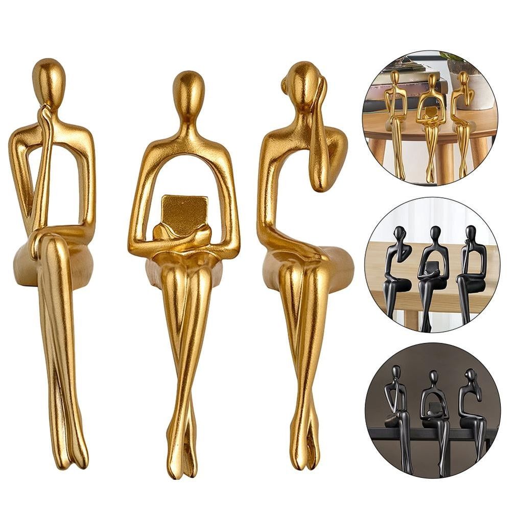 3PCS Gold Thinker Statue Book Shelf Decor, Minimalist Modern Decor Collectable Abstract Ornament Offi Statue Figurines