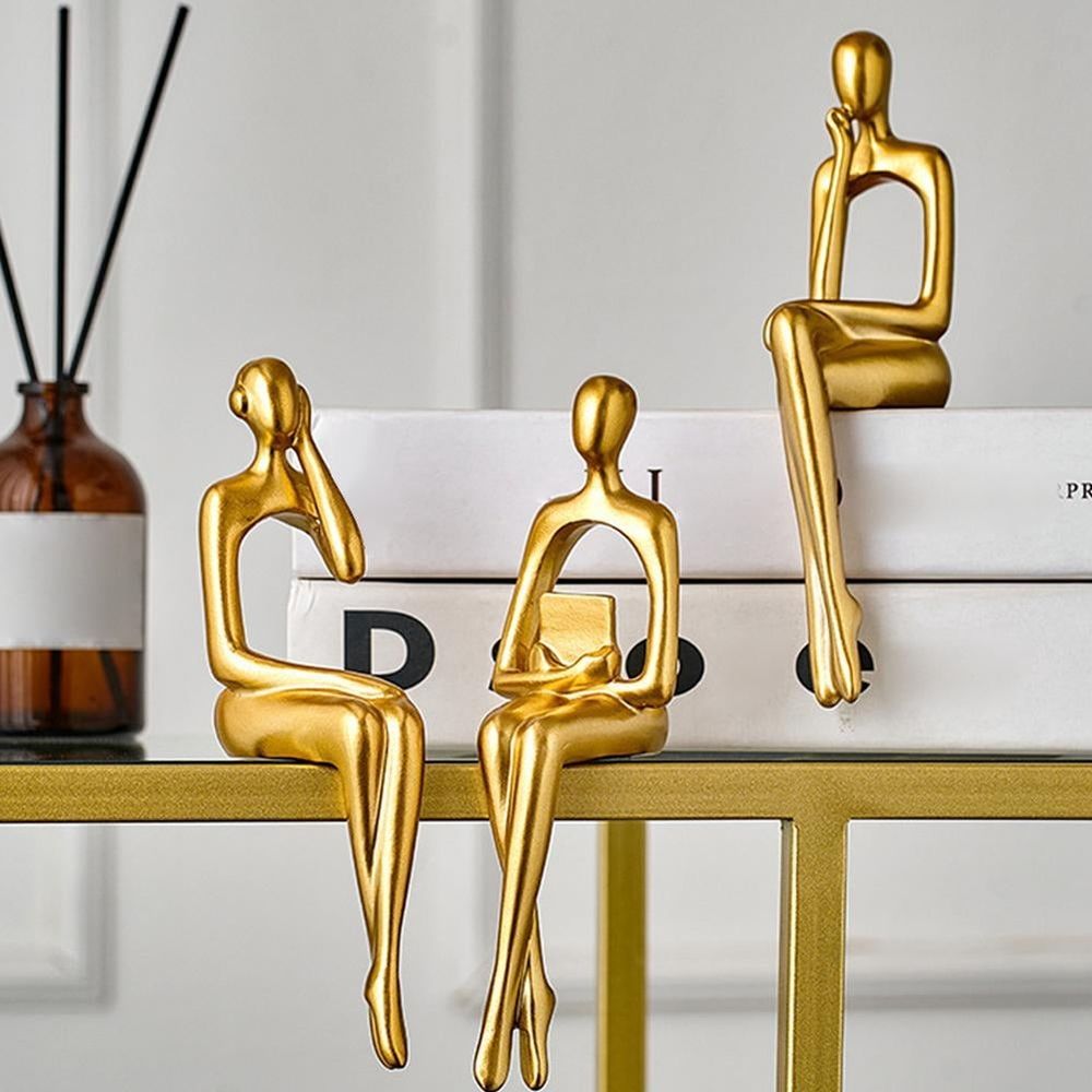 3PCS Gold Thinker Statue Book Shelf Decor, Minimalist Modern Decor Collectable Abstract Ornament Offi Statue Figurines