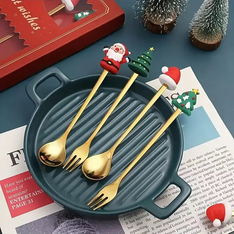 4PCS Christmas Cartoon Spoon & Fork Set – 3D Toppers, Gold Stainless Steel Dessert & Coffee Spoons, Fruit Forks, Festive Table Decor, Elegant Gift Box
