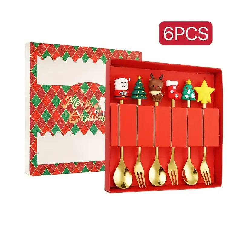 6PCS Christmas Cartoon Spoon & Fork Set – 3D Toppers, Gold Stainless Steel Dessert & Coffee Spoons, Fruit Forks, Festive Table Decor, Elegant Gift Box