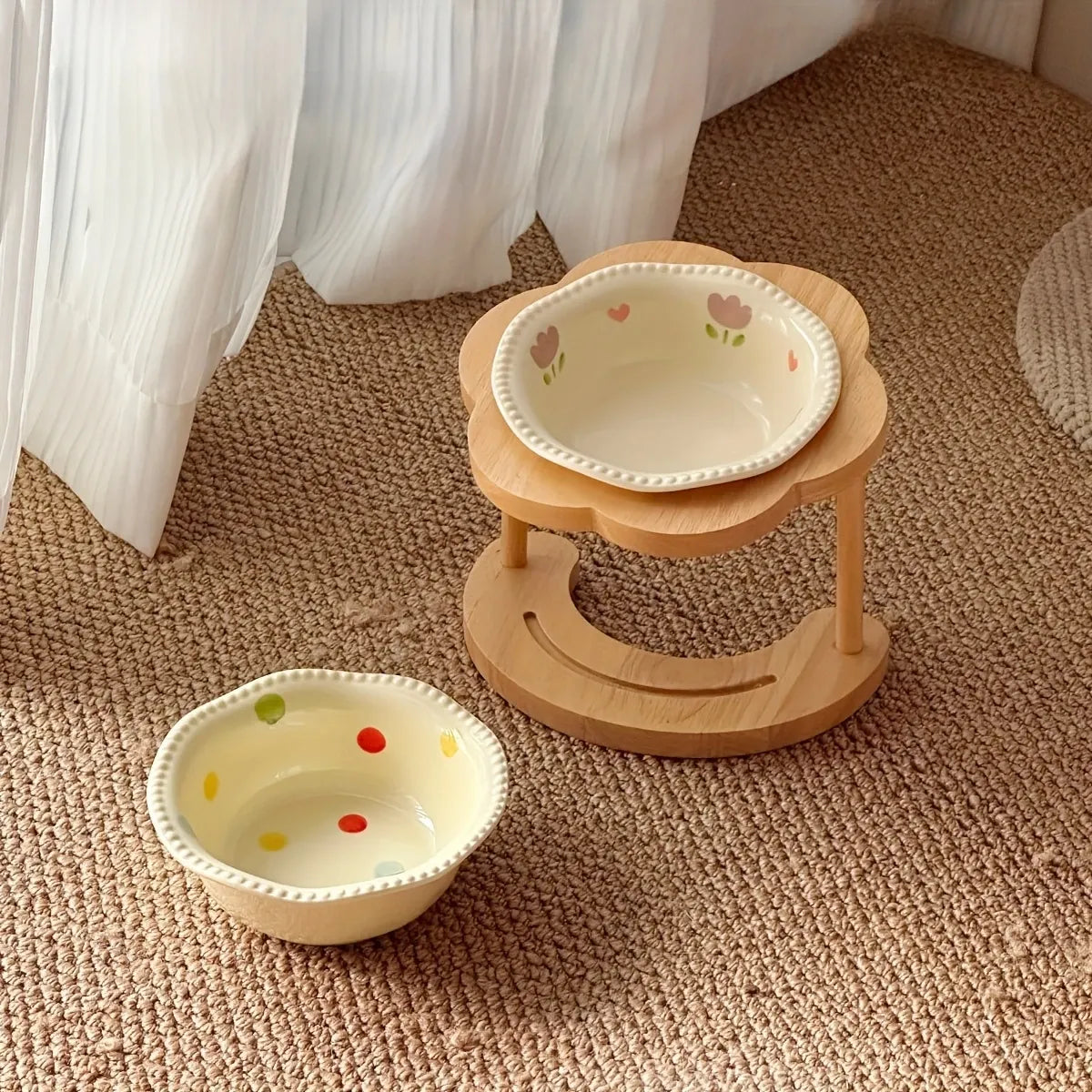 Ceramic Pet Feeder with Wood Stand | Tilted Cat Bowl for Comfortable Eating, Anti-Tip Design（Zhu Dian ai Xin wan）