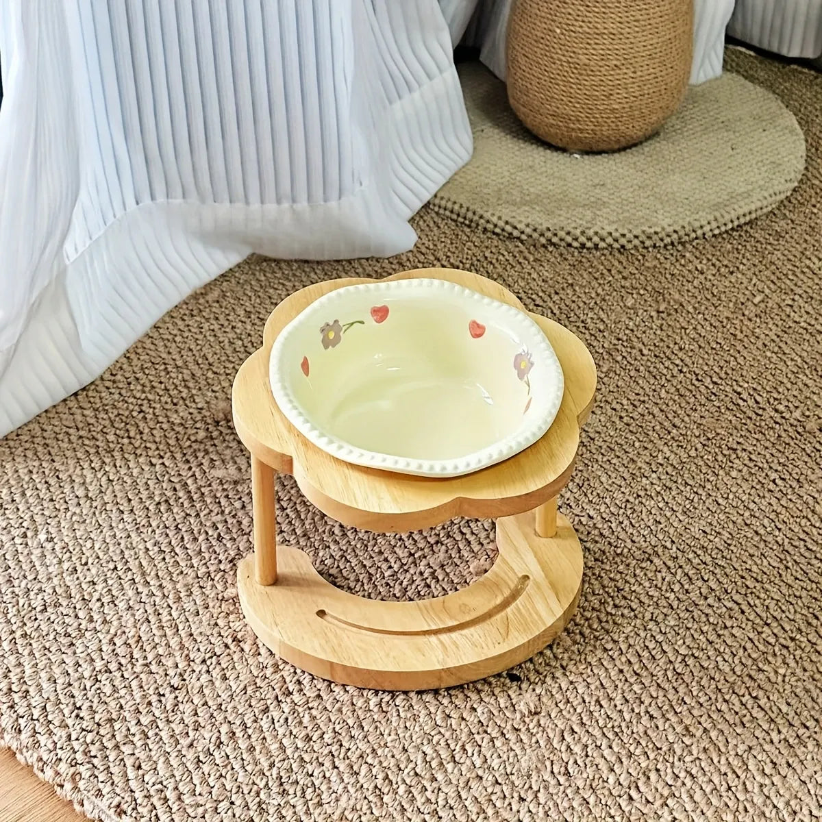 Ceramic Pet Feeder with Wood Stand | Tilted Cat Bowl for Comfortable Eating, Anti-Tip Design（Zhu Dian ai Xin wan）