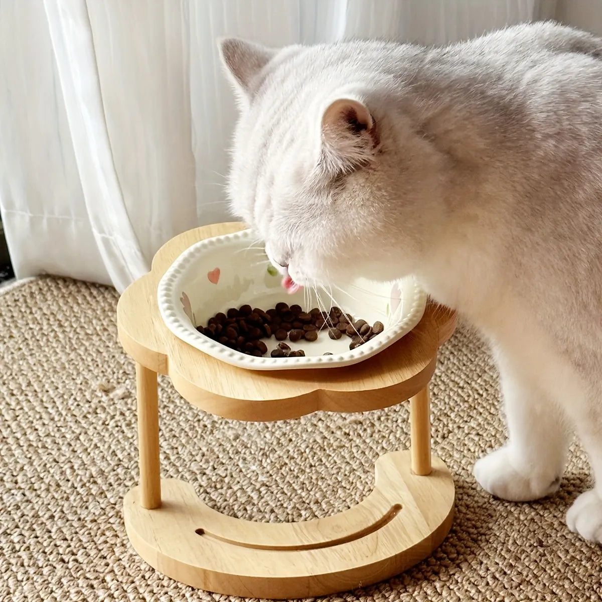 Ceramic Pet Feeder with Wood Stand | Tilted Cat Bowl for Comfortable Eating, Anti-Tip Design（Zhu Dian ai Xin wan）