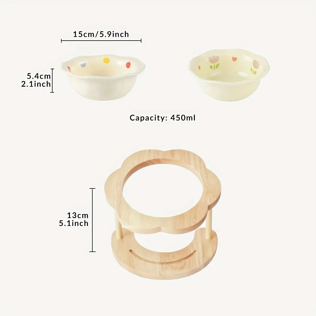 Ceramic Pet Feeder with Wood Stand | Tilted Cat Bowl for Comfortable Eating, Anti-Tip Design（Zhu Dian ai Xin wan）