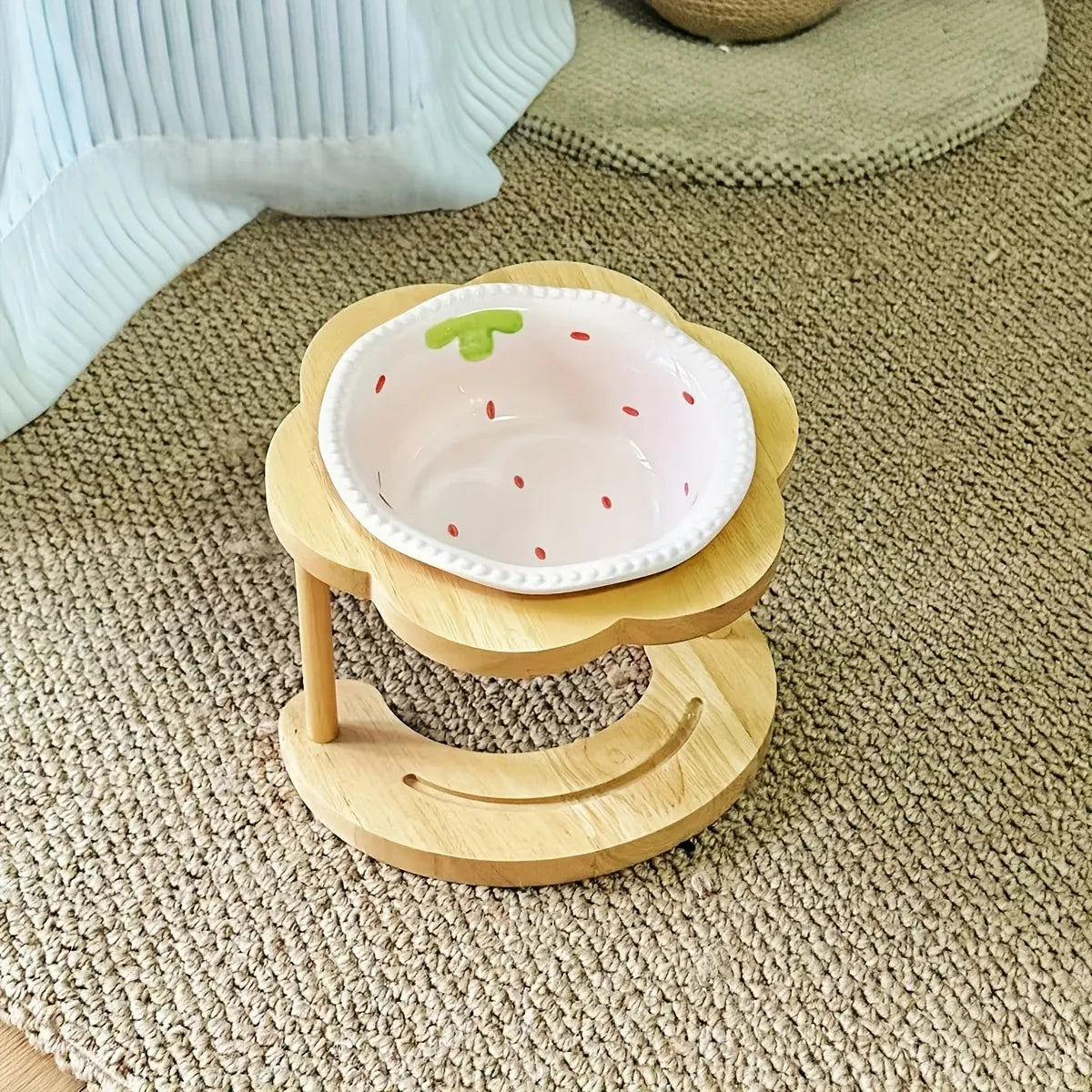 Ceramic Pet Feeder with Wood Stand | Tilted Cat Bowl for Comfortable Eating, Anti-Tip Design（Zhu Dian ai Xin wan）