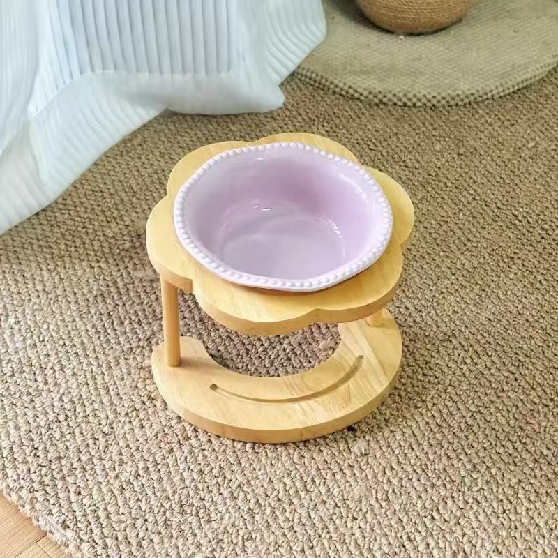 Ceramic Pet Feeder with Wood Stand | Tilted Cat Bowl for Comfortable Eating, Anti-Tip Design（Zhu Dian ai Xin wan）