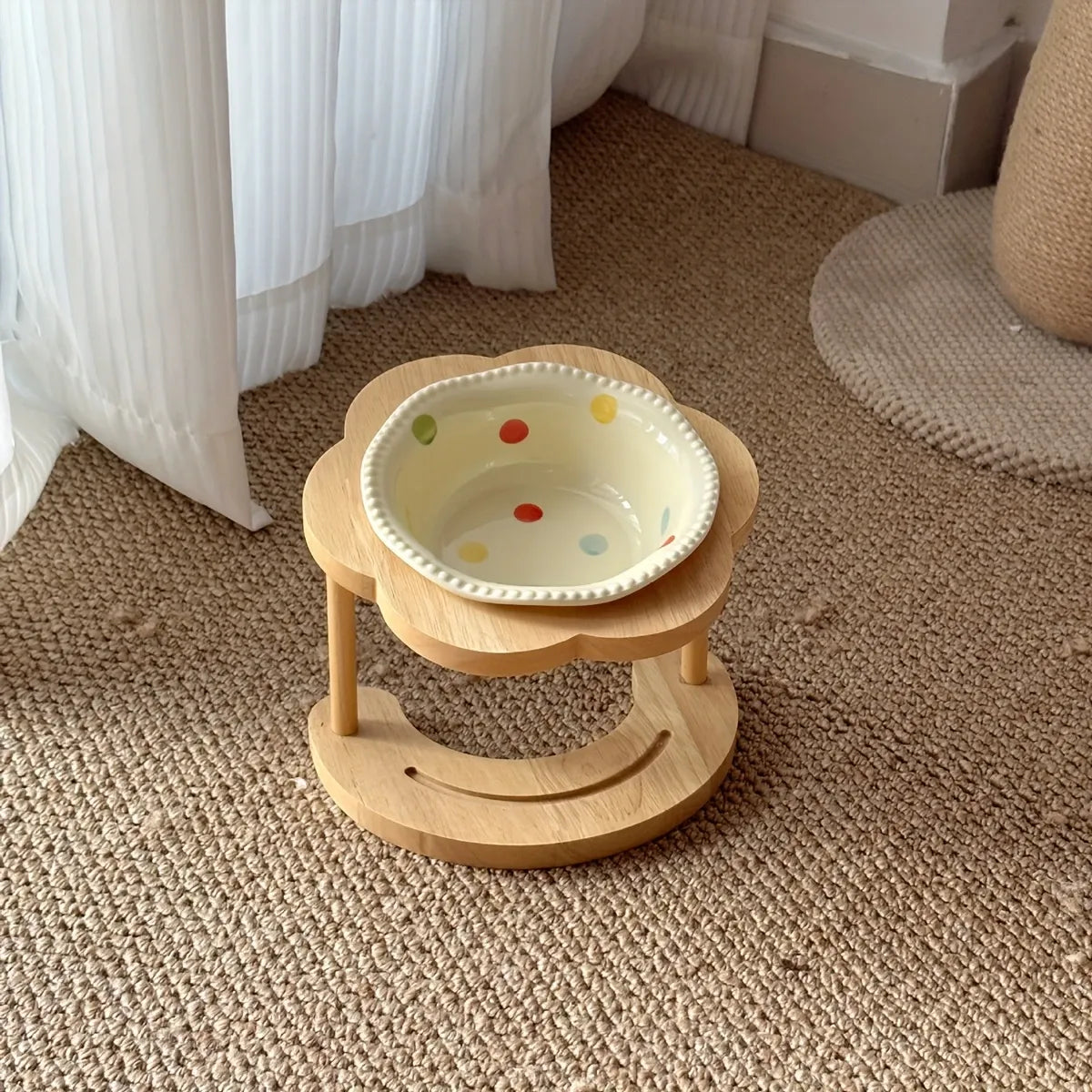 Ceramic Pet Feeder with Wood Stand | Tilted Cat Bowl for Comfortable Eating, Anti-Tip Design（Zhu Dian bo bo wan）