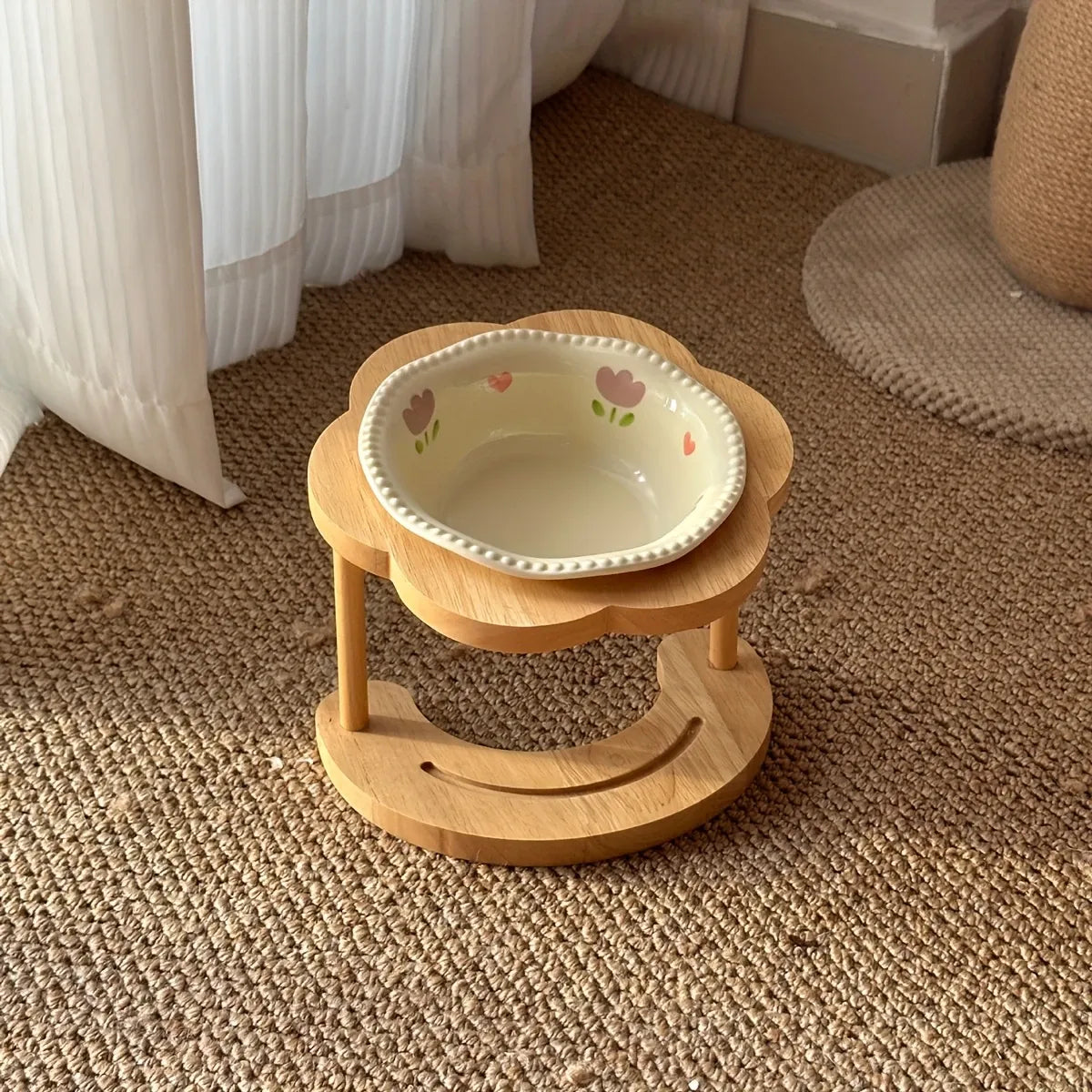 Ceramic Pet Feeder with Wood Stand | Tilted Cat Bowl for Comfortable Eating, Anti-Tip Design（Pearl tulip bowl）