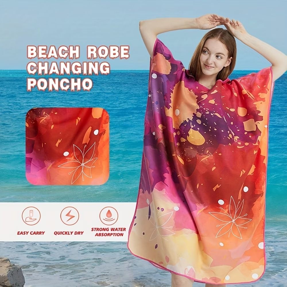 Hooded Beach Changing Poncho Bathrobe, Spacious Quick-Dry Absorbent, Hooded V-Hem, Private Beach Changing, Swimming Bathing Travel Essential(Pigment splashes purple)