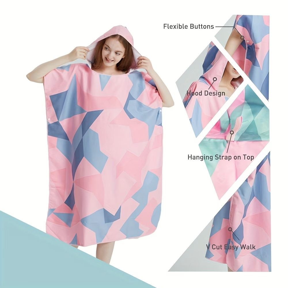 Hooded Beach Changing Poncho Bathrobe, Spacious Quick-Dry Absorbent, Hooded V-Hem, Private Beach Changing, Swimming Bathing Travel Essential(Pigment splashes purple)