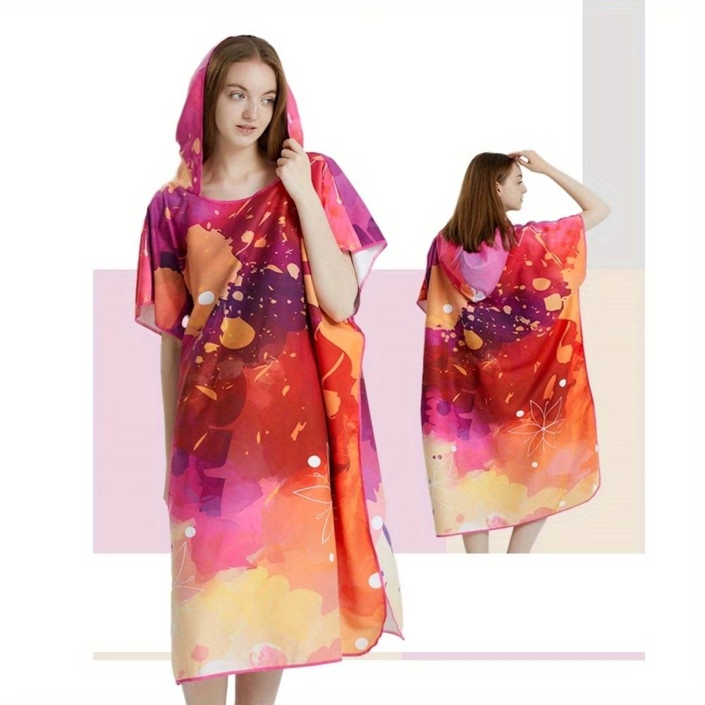 Hooded Beach Changing Poncho Bathrobe, Spacious Quick-Dry Absorbent, Hooded V-Hem, Private Beach Changing, Swimming Bathing Travel Essential(Pigment splashes purple)