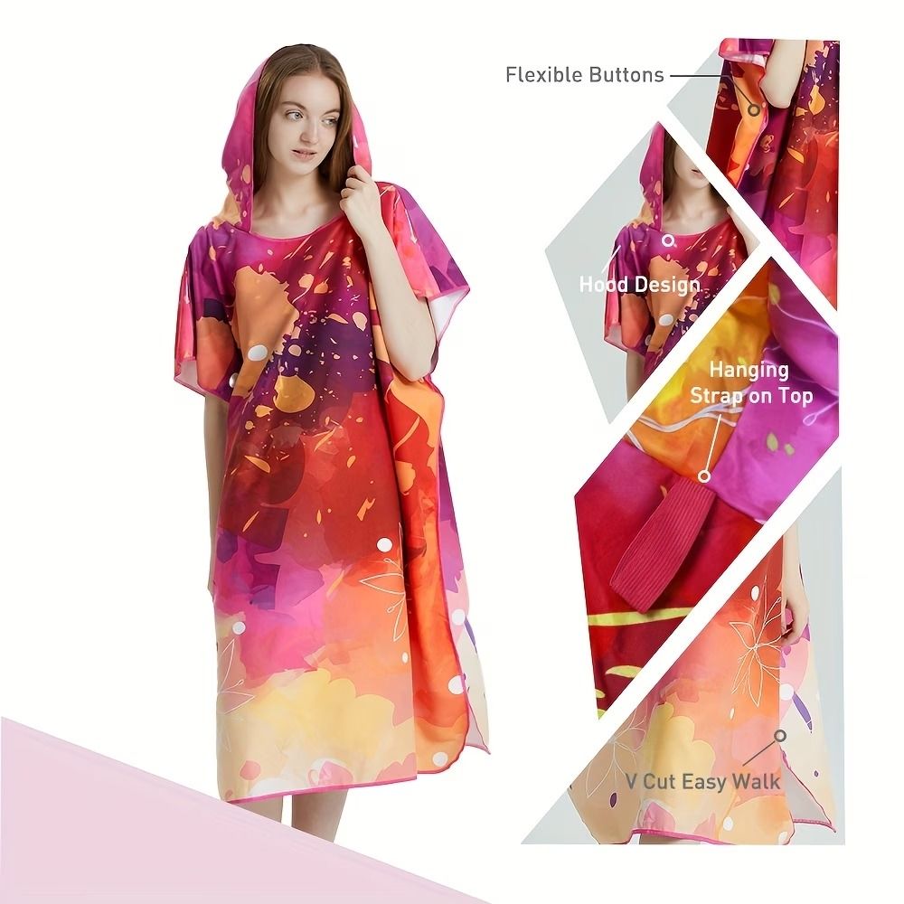 Hooded Beach Changing Poncho Bathrobe, Spacious Quick-Dry Absorbent, Hooded V-Hem, Private Beach Changing, Swimming Bathing Travel Essential(Pigment splashes purple)
