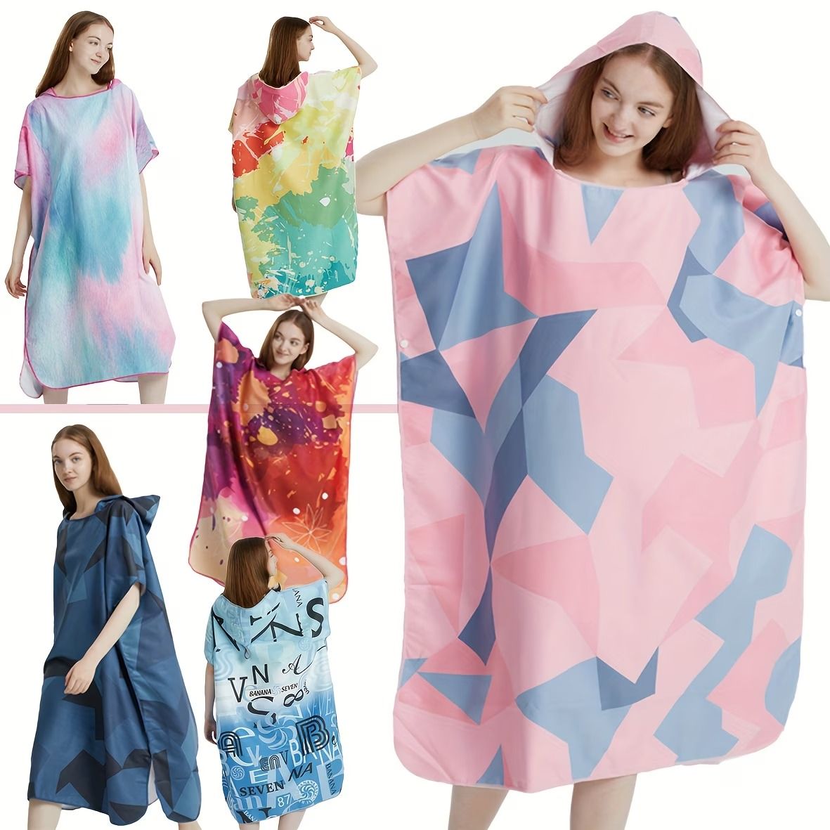 Hooded Beach Changing Poncho Bathrobe, Spacious Quick-Dry Absorbent, Hooded V-Hem, Private Beach Changing, Swimming Bathing Travel Essential(Pigment splashes purple)