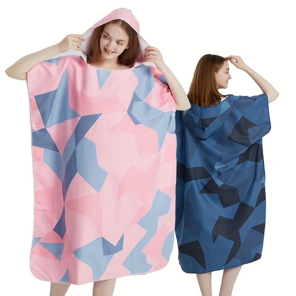 Hooded Beach Changing Poncho Bathrobe, Spacious Quick-Dry Absorbent, Hooded V-Hem, Private Beach Changing, Swimming Bathing Travel Essential(Pigment splashes purple)