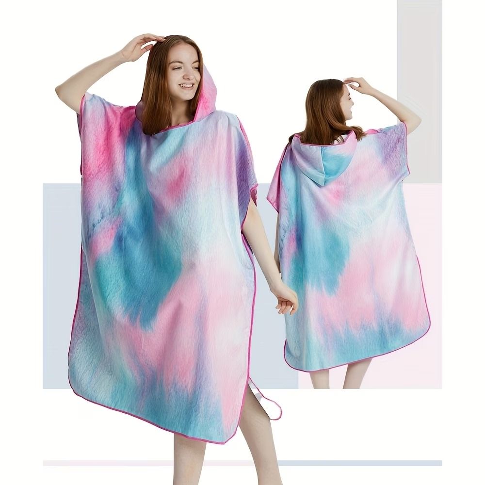 Hooded Beach Changing Poncho Bathrobe, Spacious Quick-Dry Absorbent, Hooded V-Hem, Private Beach Changing, Swimming Bathing Travel Essential(Blue letter)