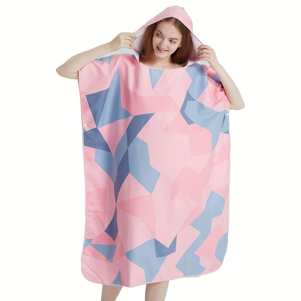 Hooded Beach Changing Poncho Bathrobe, Spacious Quick-Dry Absorbent, Hooded V-Hem, Private Beach Changing, Swimming Bathing Travel Essential(Blue letter)