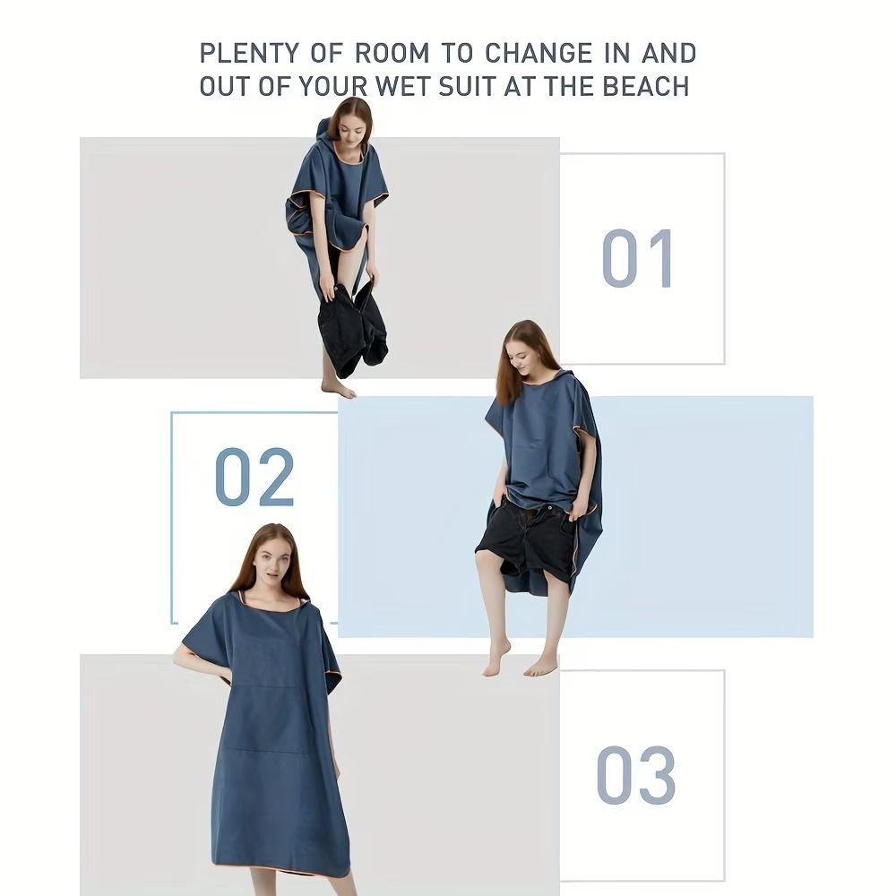 Hooded Beach Changing Poncho Bathrobe, Spacious Quick-Dry Absorbent, Hooded V-Hem, Private Beach Changing, Swimming Bathing Travel Essential(Blue letter)
