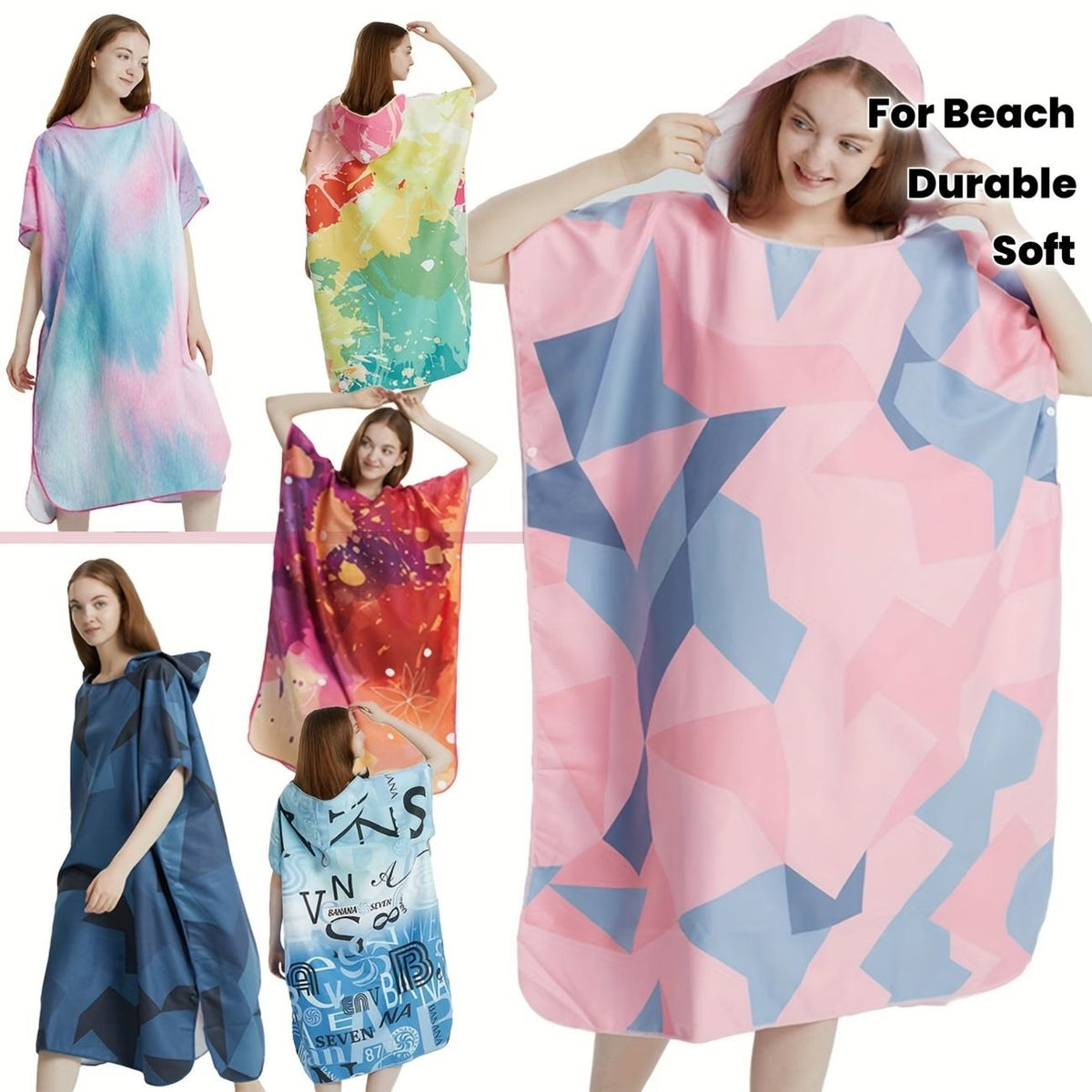 Hooded Beach Changing Poncho Bathrobe, Spacious Quick-Dry Absorbent, Hooded V-Hem, Private Beach Changing, Swimming Bathing Travel Essential(Blue letter)