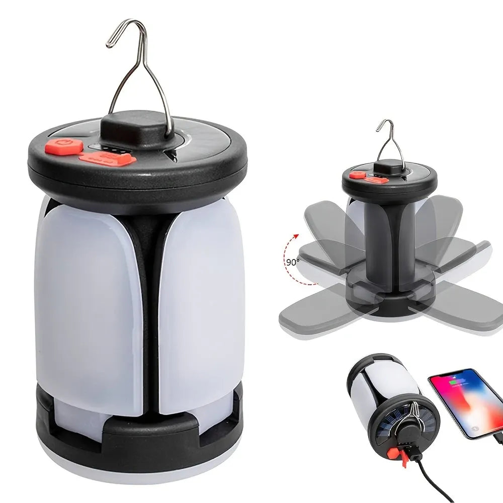 Solar Foldable Fan Light, 4-Blade Fold High-Brightness Floodlight, 6-Level Dimming + Phone Charging, Outdoor Camping Night Fishing Emergency Lighting Essential.