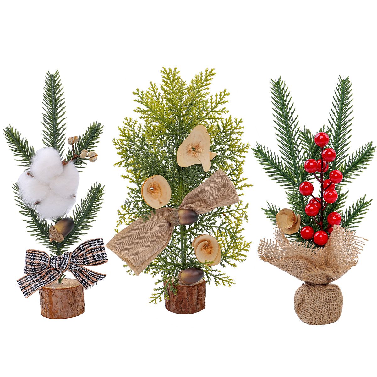 Desktop Mini Christmas Tree 25cm, Burlap Bow with Pinecone Base, Lightweight & Versatile, Brightens Office and Home Holiday Atmosphere (Red Berry Style)