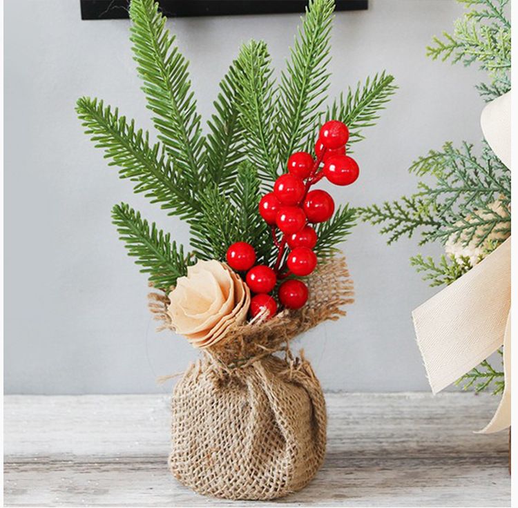 Desktop Mini Christmas Tree 25cm, Burlap Bow with Pinecone Base, Lightweight & Versatile, Brightens Office and Home Holiday Atmosphere (Pine Needle Style)