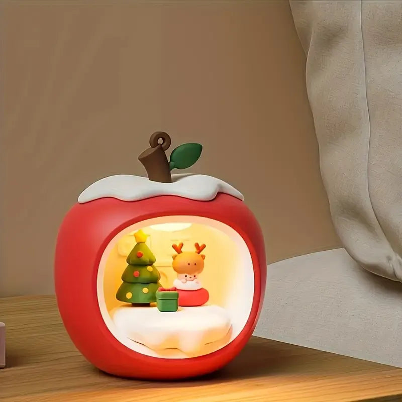 Christmas Apple House Atmosphere Night Light, 3-Level Dimming Warm Glow, Little Deer Snowy Fairy Tale Lamp