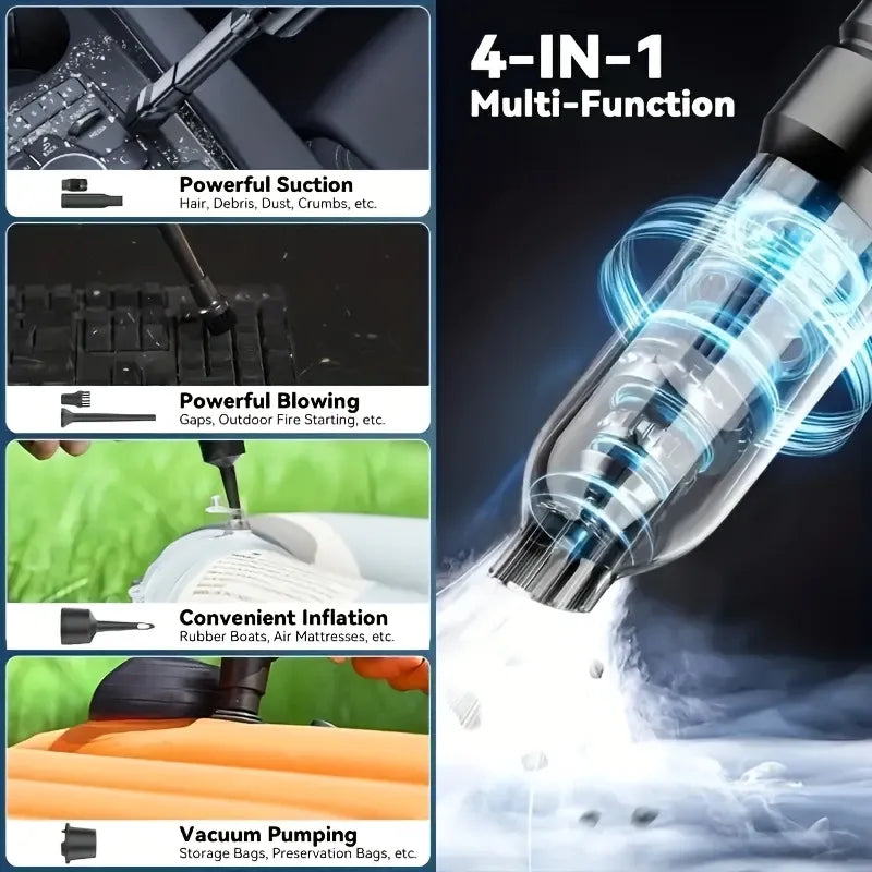 Portable Cordless Vacuum, 4-in-1 Suction/Blow/Inflate/Deflate, Car & Home Multi-Functional Cleaner, Strong Powerful Suction(Black gold)