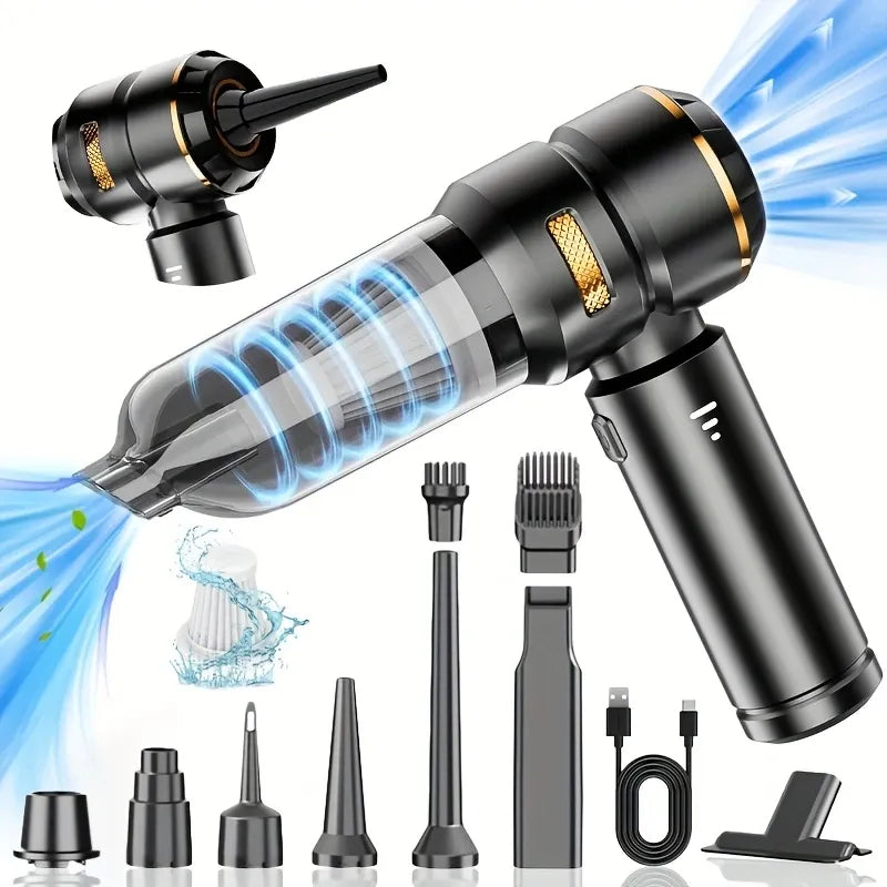 Portable Cordless Vacuum, 4-in-1 Suction/Blow/Inflate/Deflate, Car & Home Multi-Functional Cleaner, Strong Powerful Suction(Black gold)