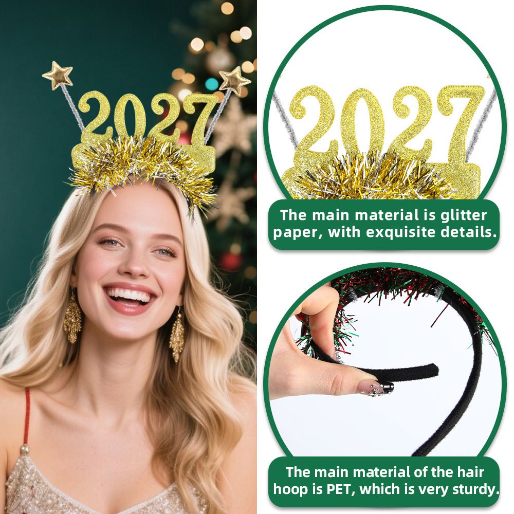 4PCS 2027 New Year Glitter Headbands: Glitter Numbers with Star Antennas, Available in Red, Green, Gold, and Silver, Lightweight and Eye-Catching Party Essentials.