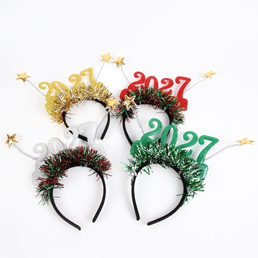4PCS 2027 New Year Glitter Headbands: Glitter Numbers with Star Antennas, Available in Red, Green, Gold, and Silver, Lightweight and Eye-Catching Party Essentials.