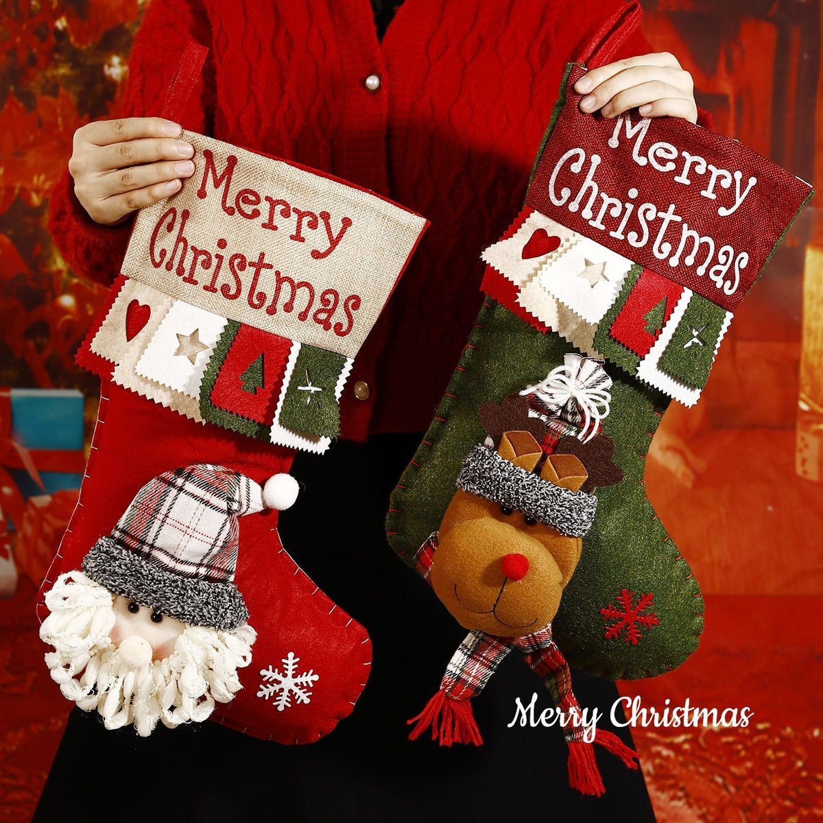 Christmas Plush Decorative Stockings, Exquisite Patchwork Craft, Fill Them with Fairy Tales and Surprise Gifts (Snowflake Santa)