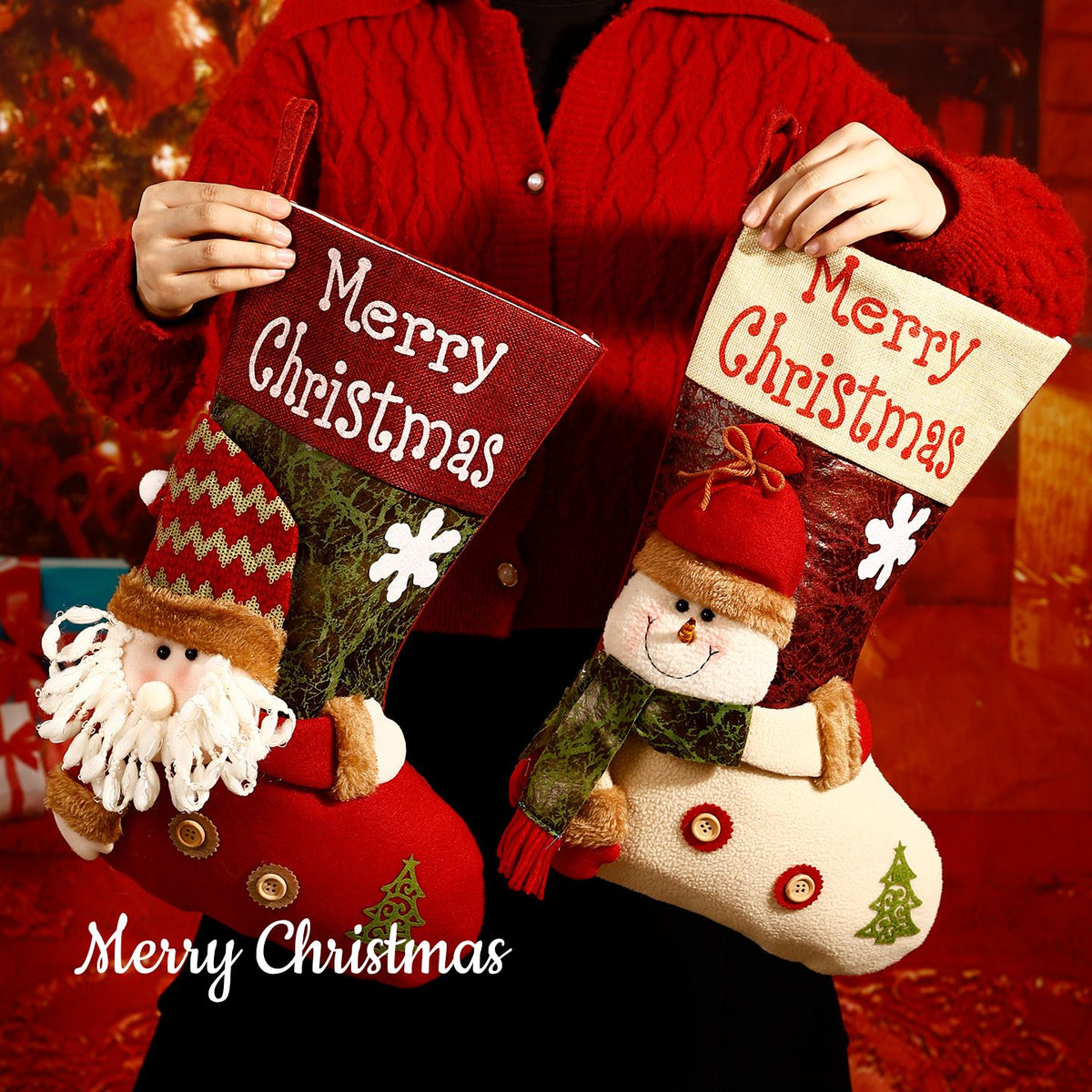 Christmas Plush Decorative Stockings, Exquisite Patchwork Craft, Fill Them with Fairy Tales and Surprise Gifts (Plaid Hat Santa)