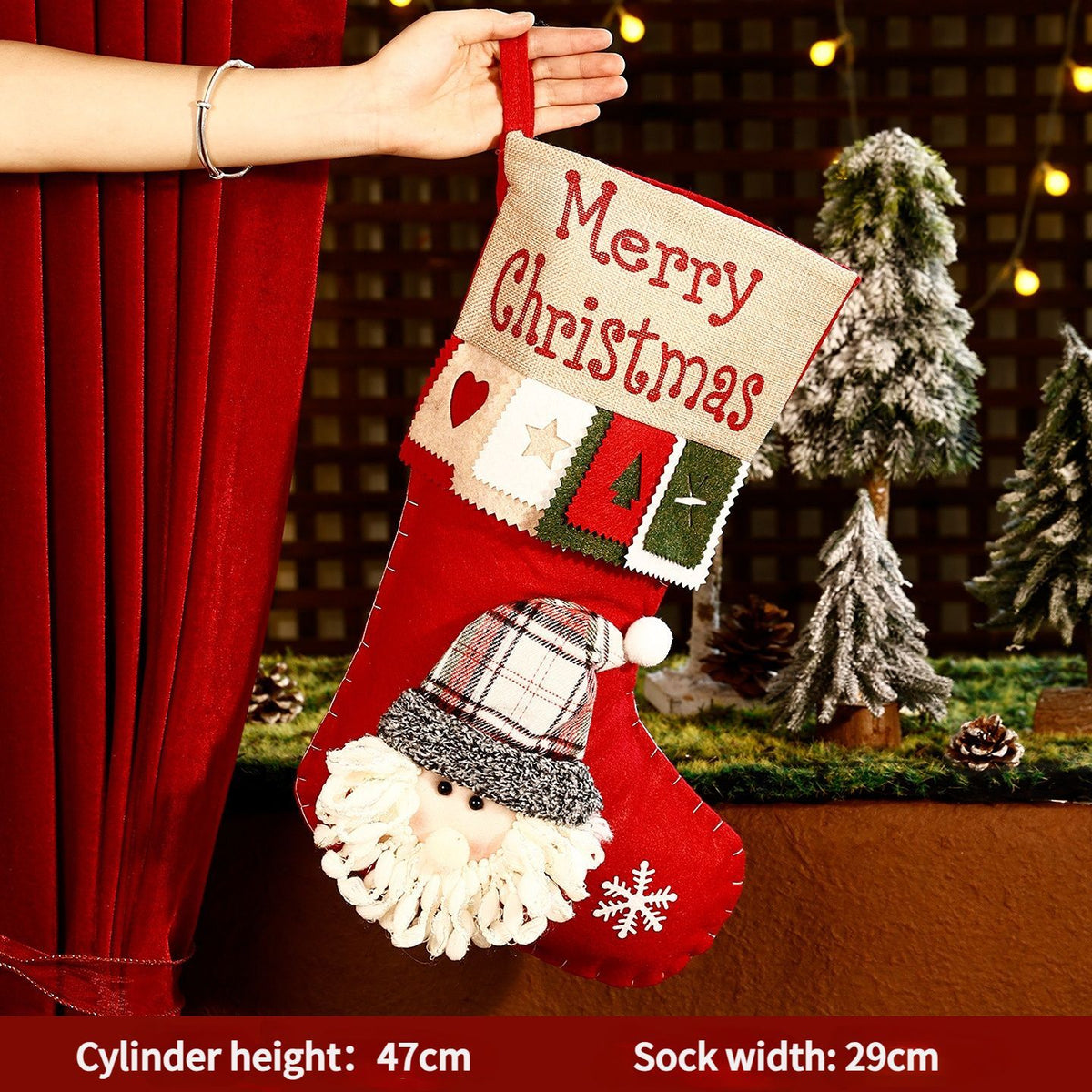 Christmas Plush Decorative Stockings, Exquisite Patchwork Craft, Fill Them with Fairy Tales and Surprise Gifts (Plaid Hat Santa)