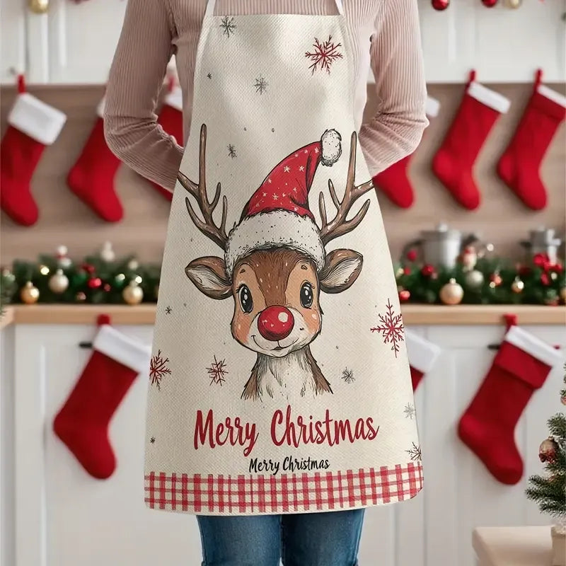 Christmas Reindeer Print Apron – Red & White Gingham, Stain-Resistant, Adjustable Neck Strap, Perfect for Holiday Baking, Parties & Kitchen, Cute Festive Gift for Family & Friends