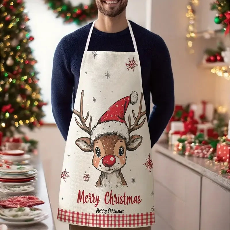Christmas Reindeer Print Apron – Red & White Gingham, Stain-Resistant, Adjustable Neck Strap, Perfect for Holiday Baking, Parties & Kitchen, Cute Festive Gift for Family & Friends